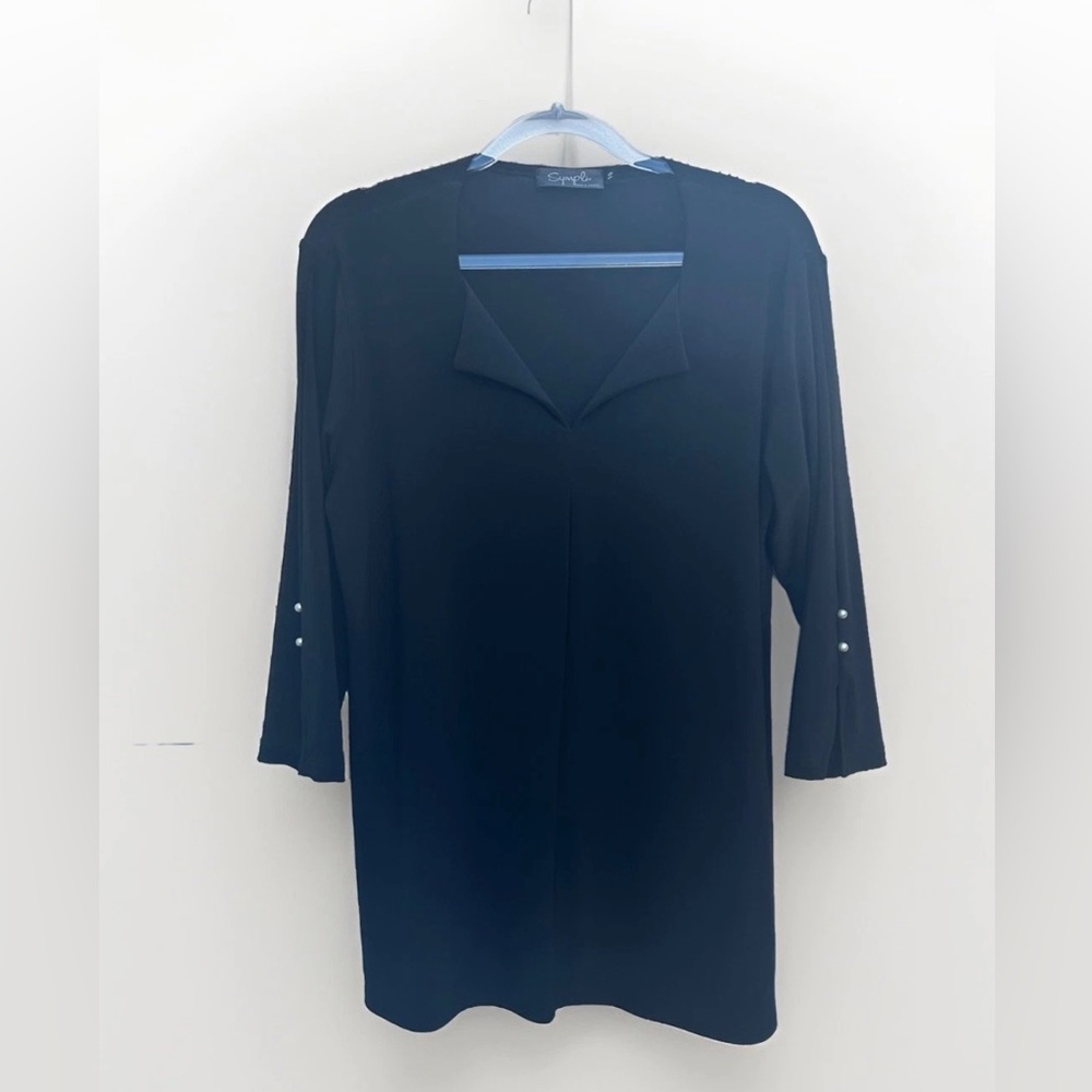 Sympli Women Slinky Blouse Top Size 10 Black Minimalist 3/4 Sleeve Stretch